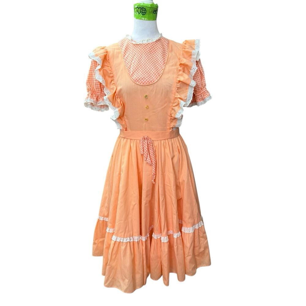 Vintage Jeri Bee Square Dance Dress Size 8 Peach Gingham Lace Ruffle Prairie